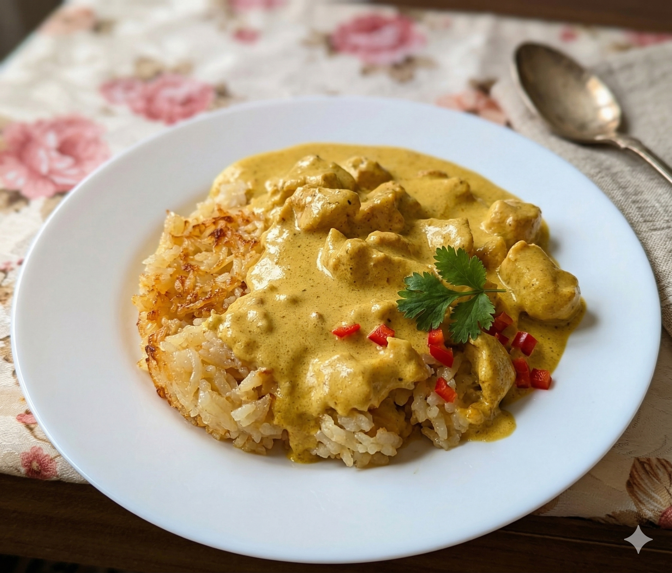 Creamy Curry Chicken with Baked Rice & Tahini Cucumber Salad
